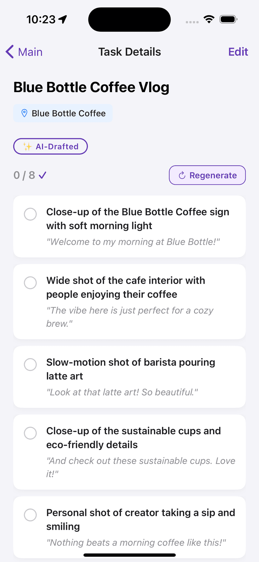 SimplistUGC task details showing AI-drafted shot list