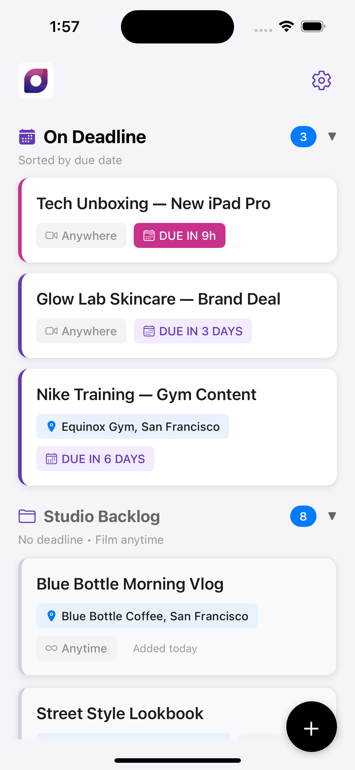 SimplistUGC deadline and shoot organization screen